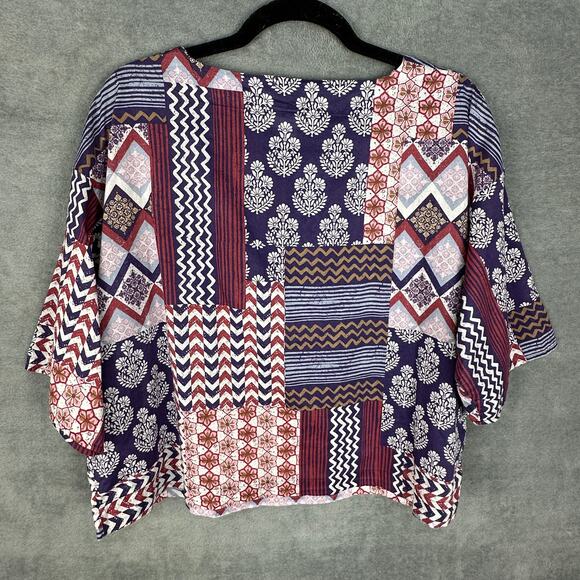 J Jill Purejill Top Womens XS Purple Floral Patchwork Organic Cotton Boho Resort - Picture 5 of 12